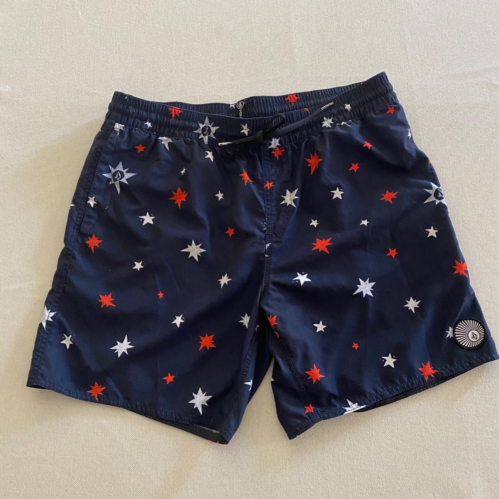 Volcom Mens Navy Blue Star Print Board Shorts Swim Trunks‎ Medium 6 Inch Inseam